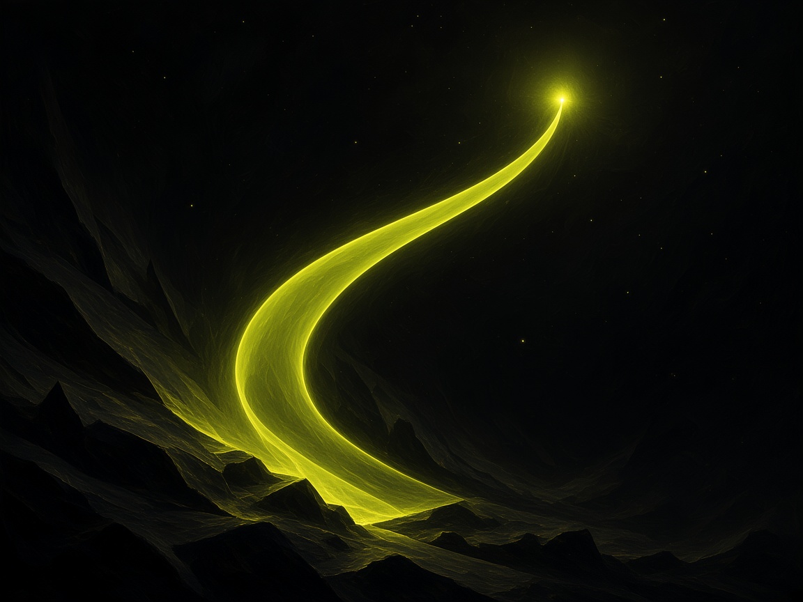 A chartreuse ribbon of light rising from dark rock into a star