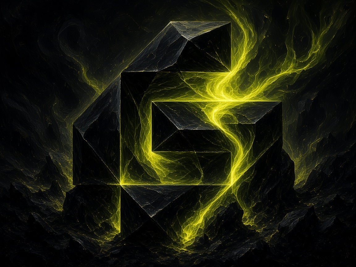 Chartreuse filaments rising from a dark crystal into the sky